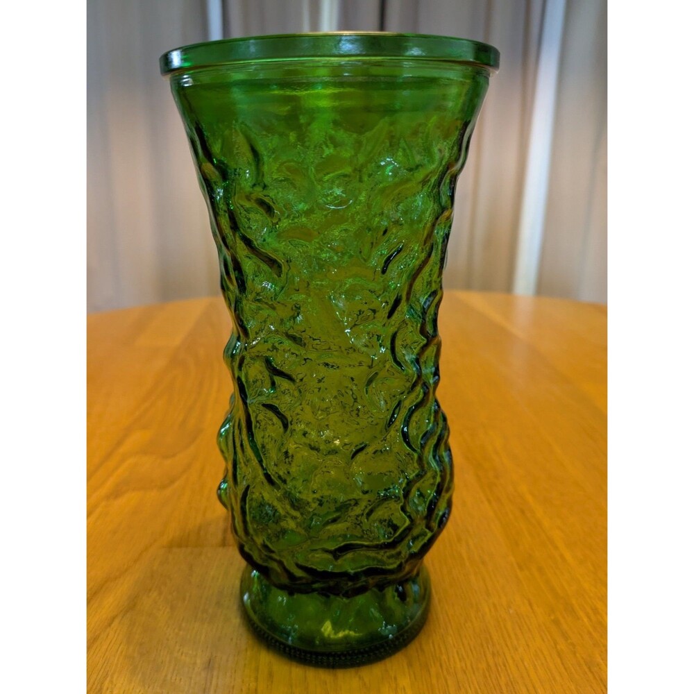 Vintage Hoosier Glass Tall Emerald Green Textured Crinkle Glass Vase 8.5" Tall